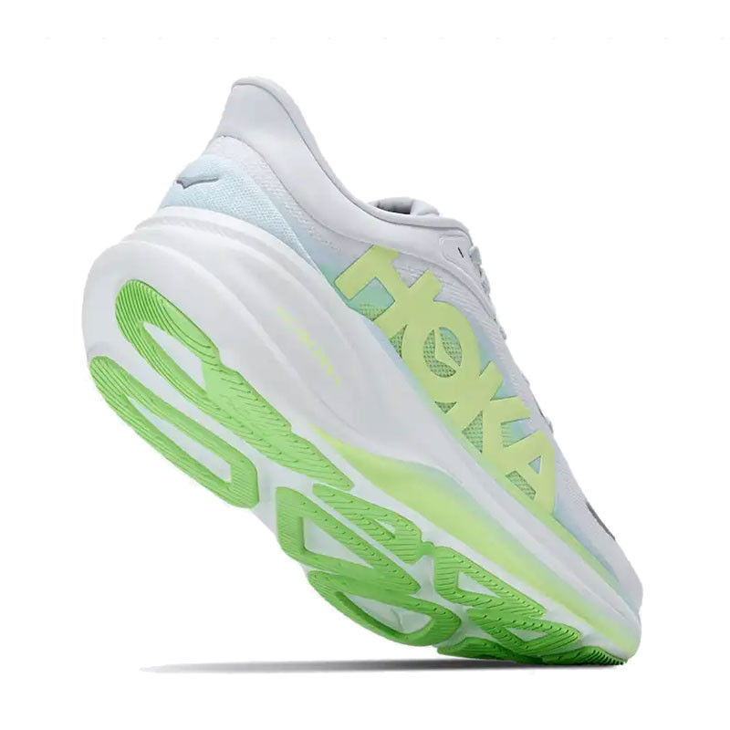 HOKA Women's Clifton PRO running shoe, white with neon green and yellow accents, featuring a lightweight design and cushioned sole for enhanced comfort and performance.