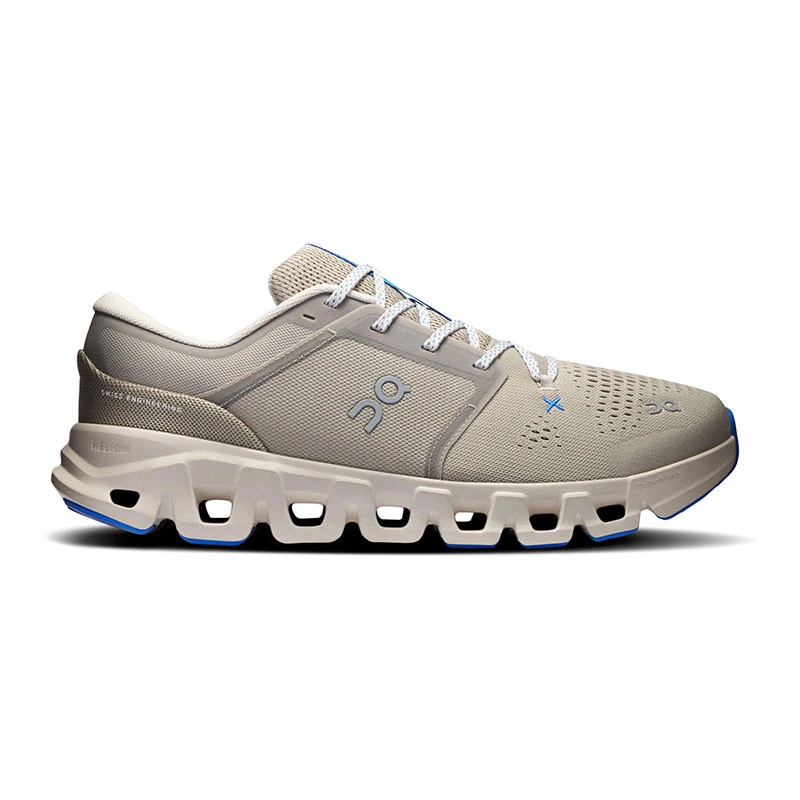 On Running Men's Cloud X 5, light gray athletic running shoe with a distinctive cushioned sole and mesh upper for breathability.