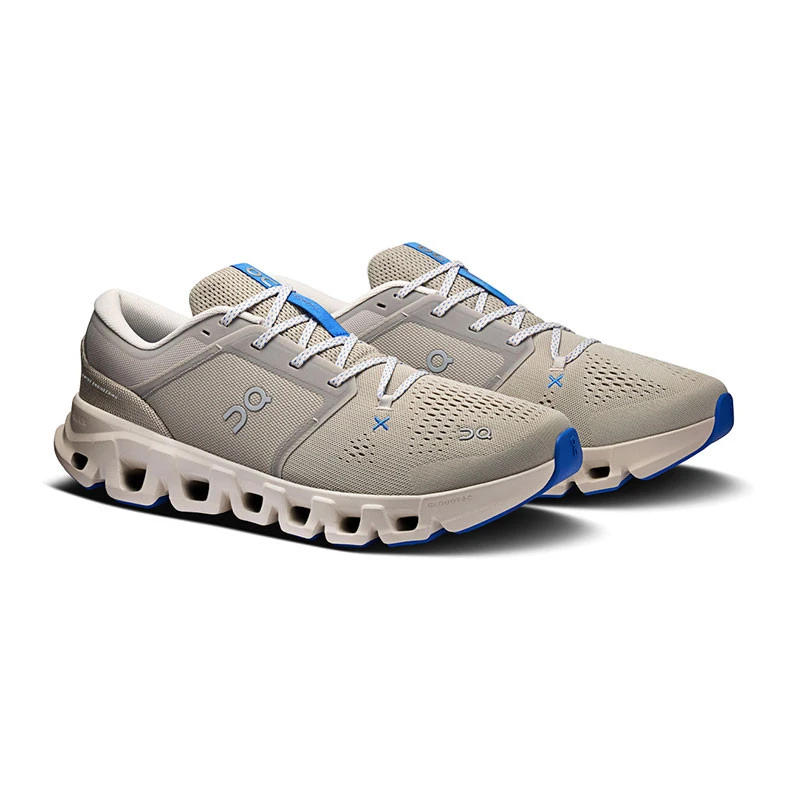 On Running Men's Cloud X 5, modern athletic sneakers with a beige and blue color scheme, breathable mesh upper, and cushioned cloud-like sole for comfort and performance.