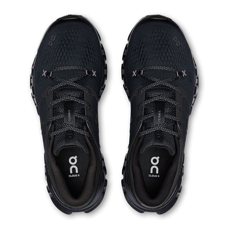 On Running Women's Cloud X 5, top view of these black athletic running shoes with breathable mesh upper and cushioned insole.