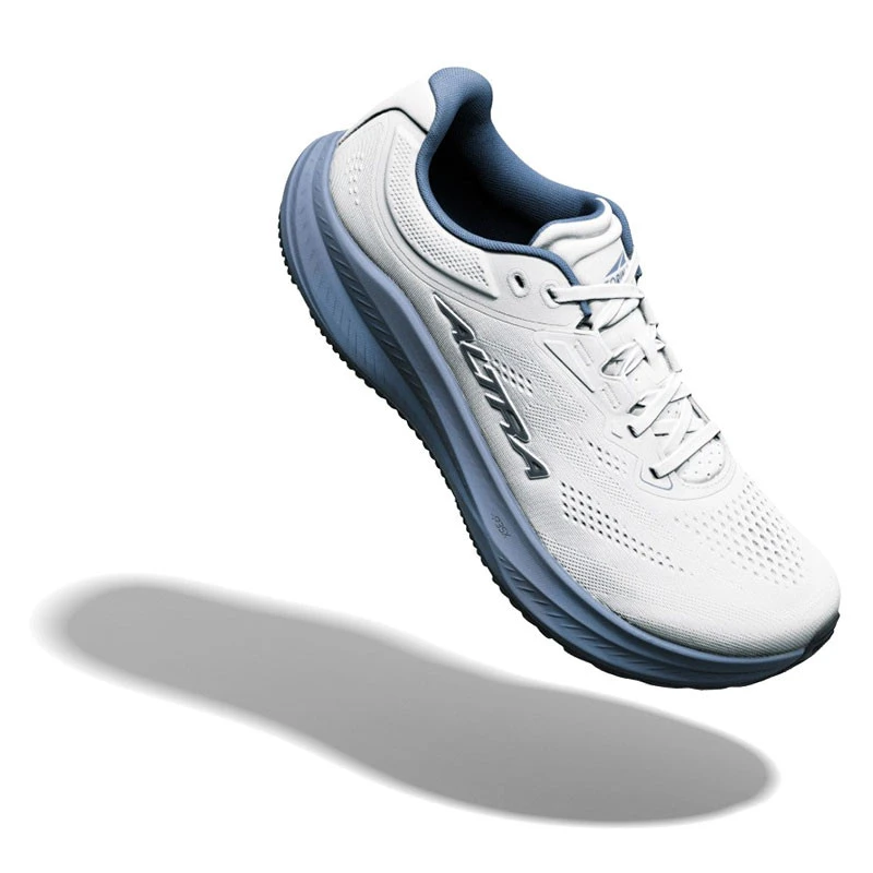 Altra Men's Torin 9, a white and blue running shoe with cushioned sole and breathable upper mesh design.