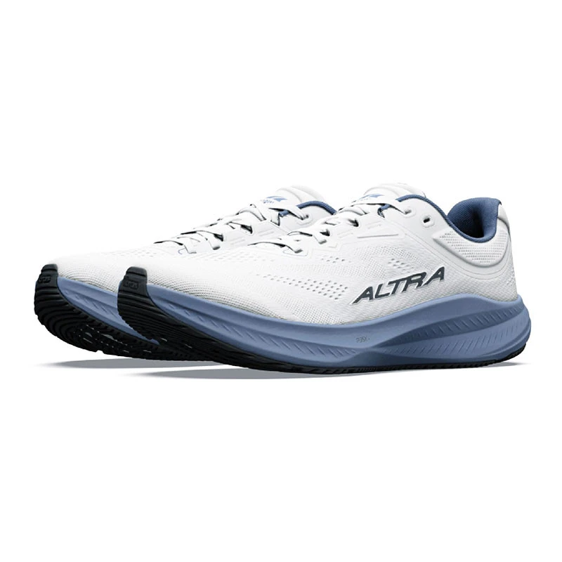 Altra Men's Torin 9, white and blue running shoes with cushioned sole and breathable upper material.