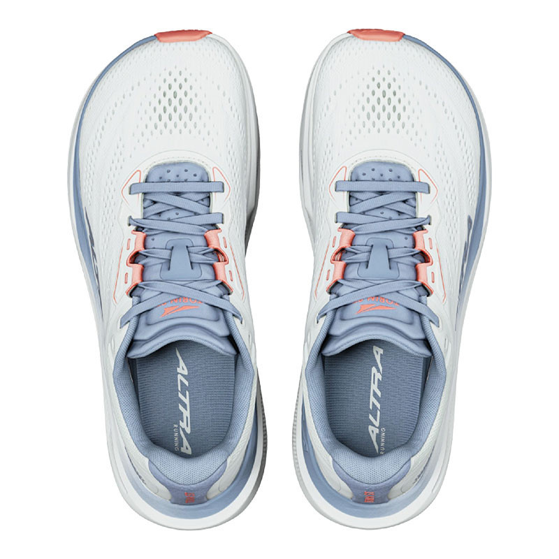Altra Women's Torin ST, top view of running shoes with white, light blue, and coral accents.