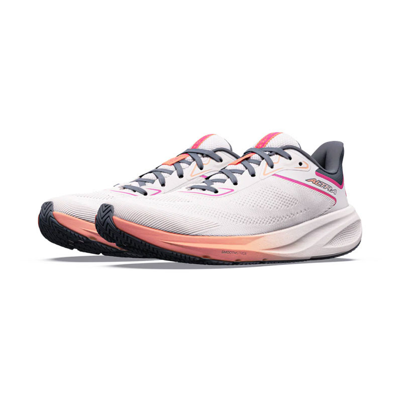 Altra Women's Motiv FLX, white running shoes with pink and gray accents, cushioned sole, and lightweight mesh upper designed for comfort and performance.