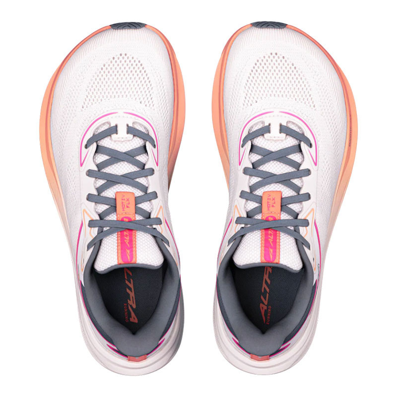Altra Women's Motiv FLX, pair of white athletic running shoes with pink and grey accents, viewed from above.