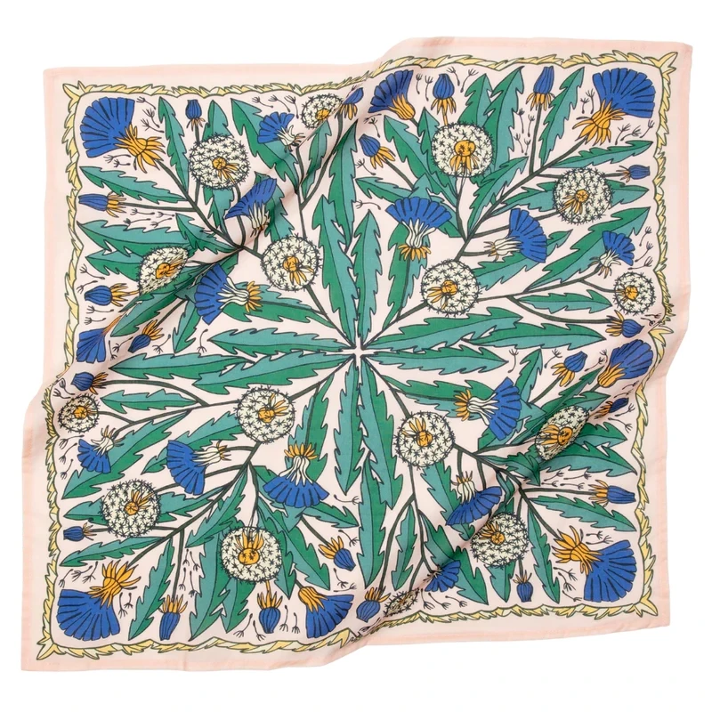 Handker Bandanas, vibrant floral patterned handkerchief with dandelions and blue flowers in green leaves design
