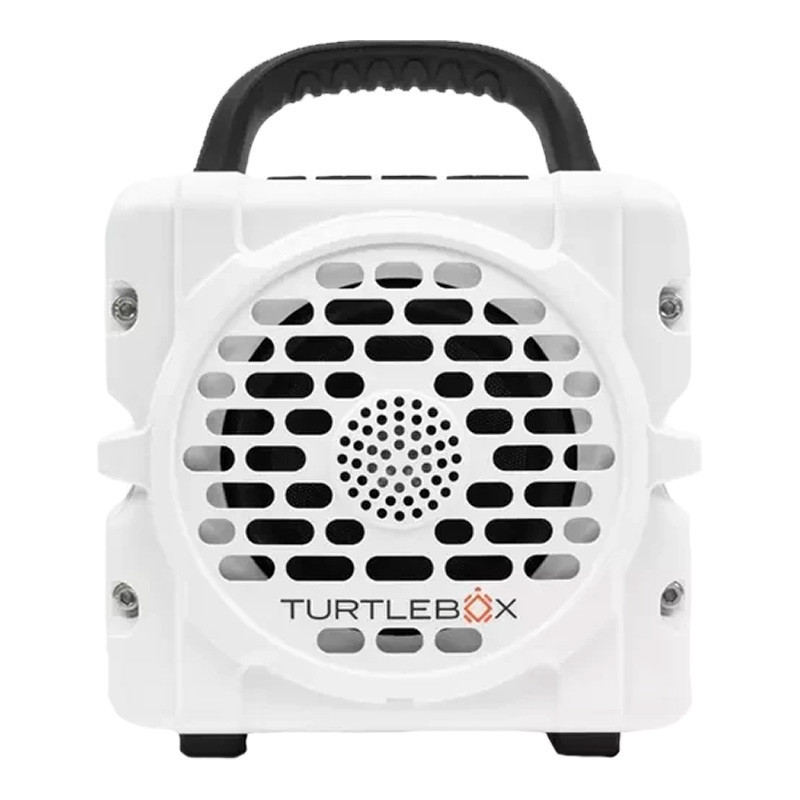 Turtlebox Audio Turtlebox Cub, compact portable speaker with white casing and black handle, featuring a front grille and logo for outdoor audio enjoyment.
