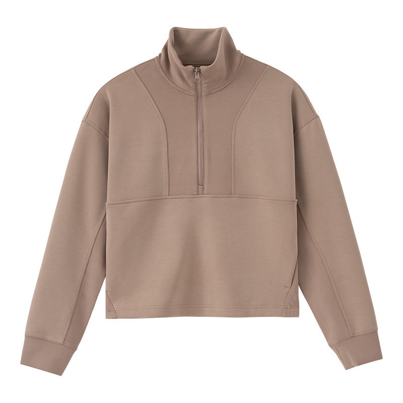 Alabama Outdoors Apparel AOA Women's Cloud Reset Boxy Quarter Zip, beige quarter zip sweatshirt with high collar and ribbed cuffs.