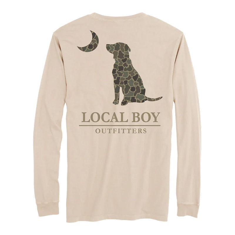 Local Boy Youth Brush Camo Dog and Moon Long Sleeve T-Shirt, beige long sleeve shirt with a camo dog and moon graphic design on the back.