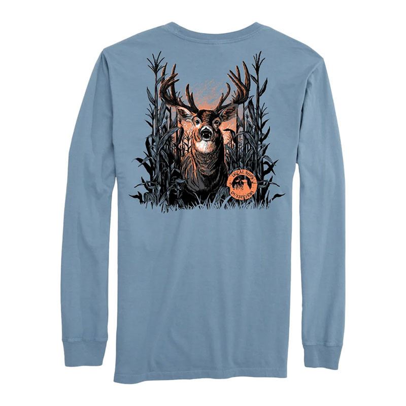 Local Boy Youth Buck Maze Long Sleeve T-Shirt, light blue long sleeve shirt featuring a graphic of a buck deer in a maze of tall grass with a badge saying 'Local Boy Outfitting'.