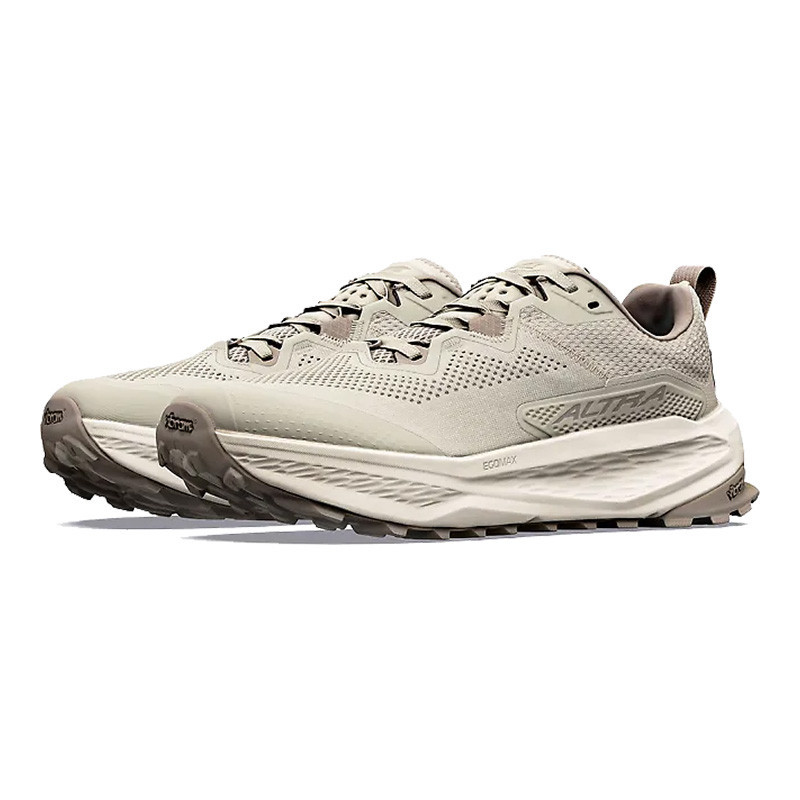 Altra Men's Olympus 7, image of a beige and black trail running shoe with cushioned sole and breathable upper design.