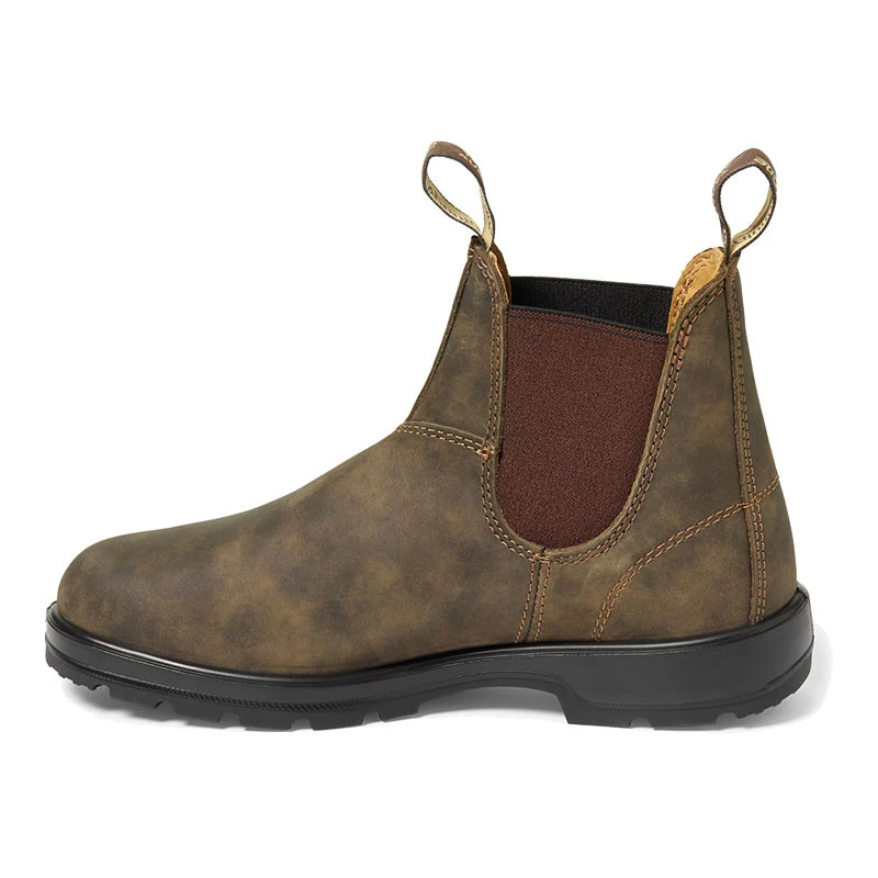 Blundstone Unisex #585 Chelsea Boot, brown leather slip-on ankle boot with elastic side panels and pull tabs for easy wearing, rugged outsole for durability.