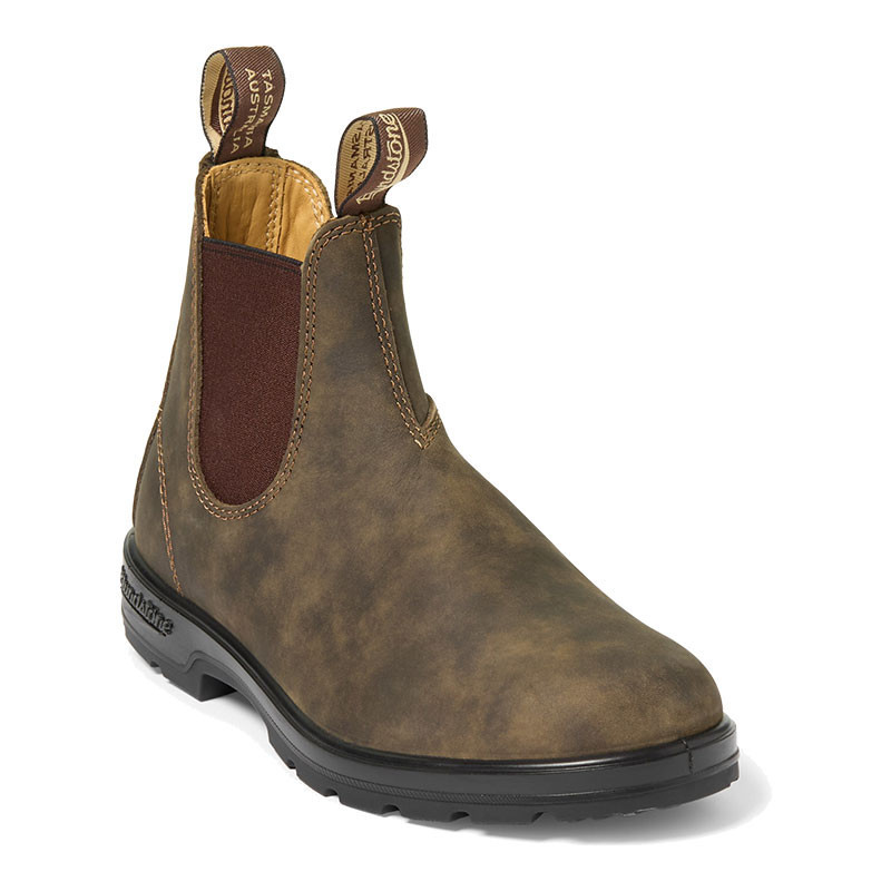 Blundstone Unisex #585 Chelsea Boot, brown leather slip-on with elastic side panels and pull tabs for easy wear.