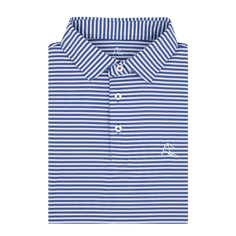 Rhoback Men's The Birdie Stripe 2.0 Performance Polo, blue and white striped polo shirt with a collar and logo embroidery