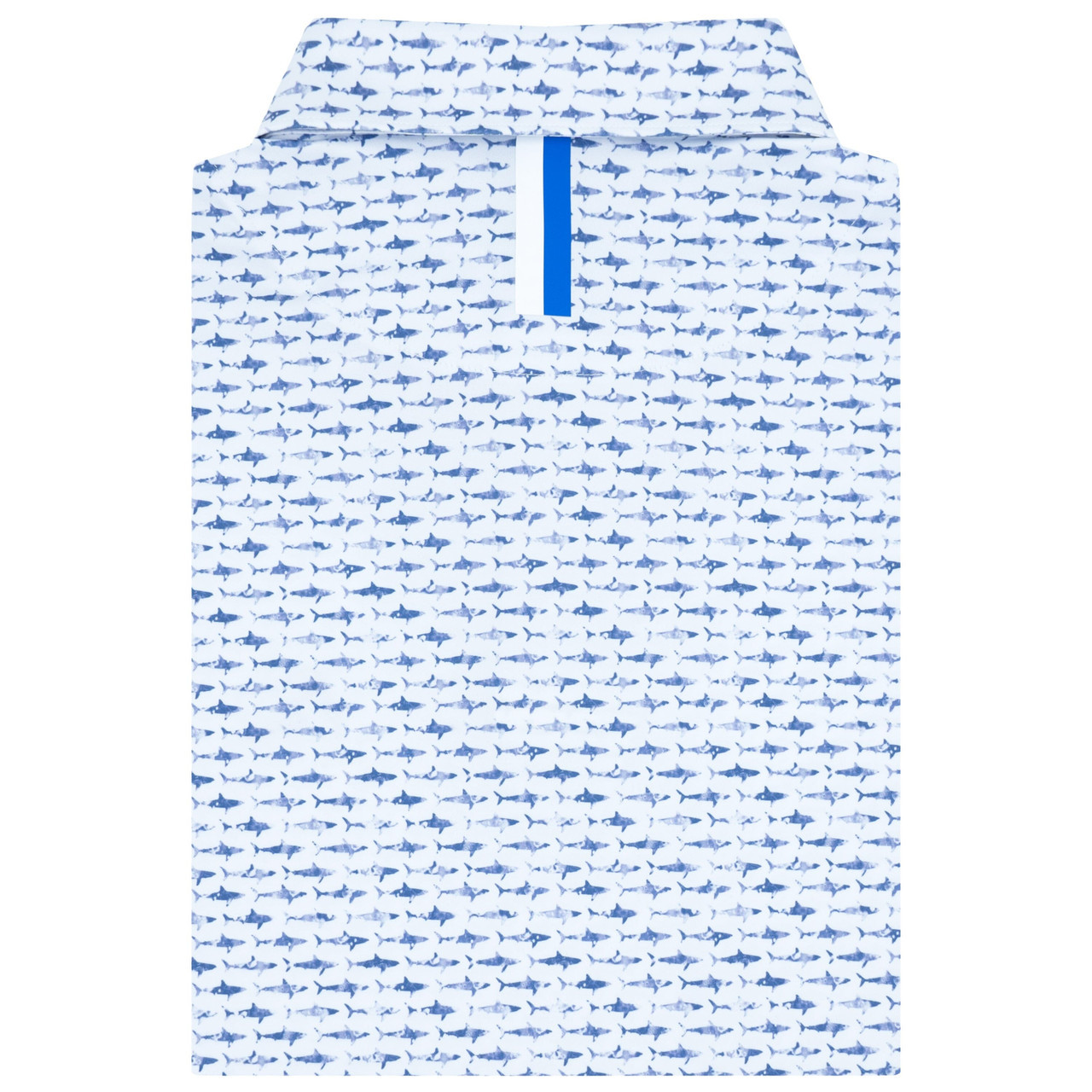 Rhoback Men's The Shark Performance Polo, white shirt with blue shark pattern and a blue and white striped button placket.