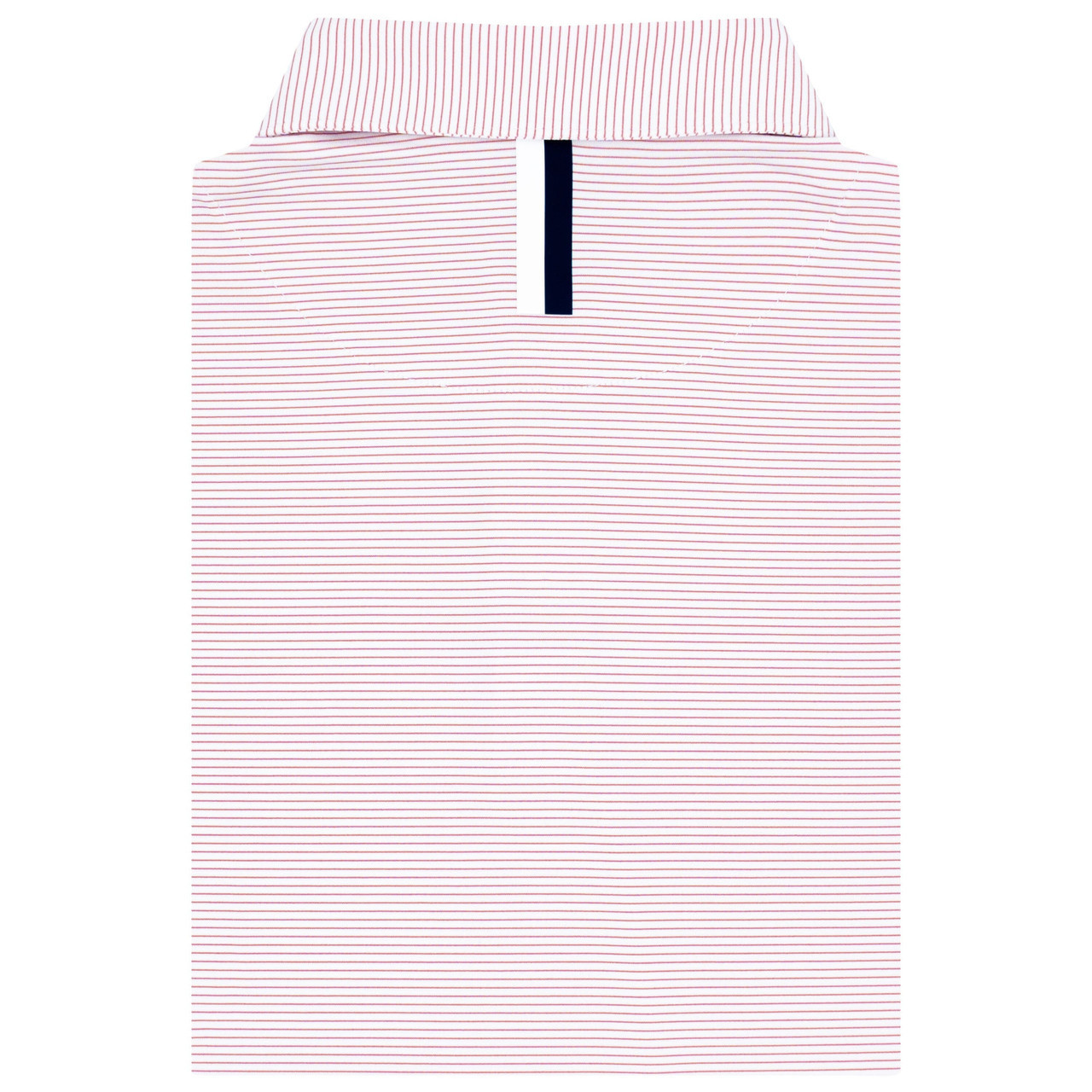 Rhoback Men's The Shell Stripe Performance Polo, white polo shirt with red and blue thin stripes and a navy stripe on the back of the collar.