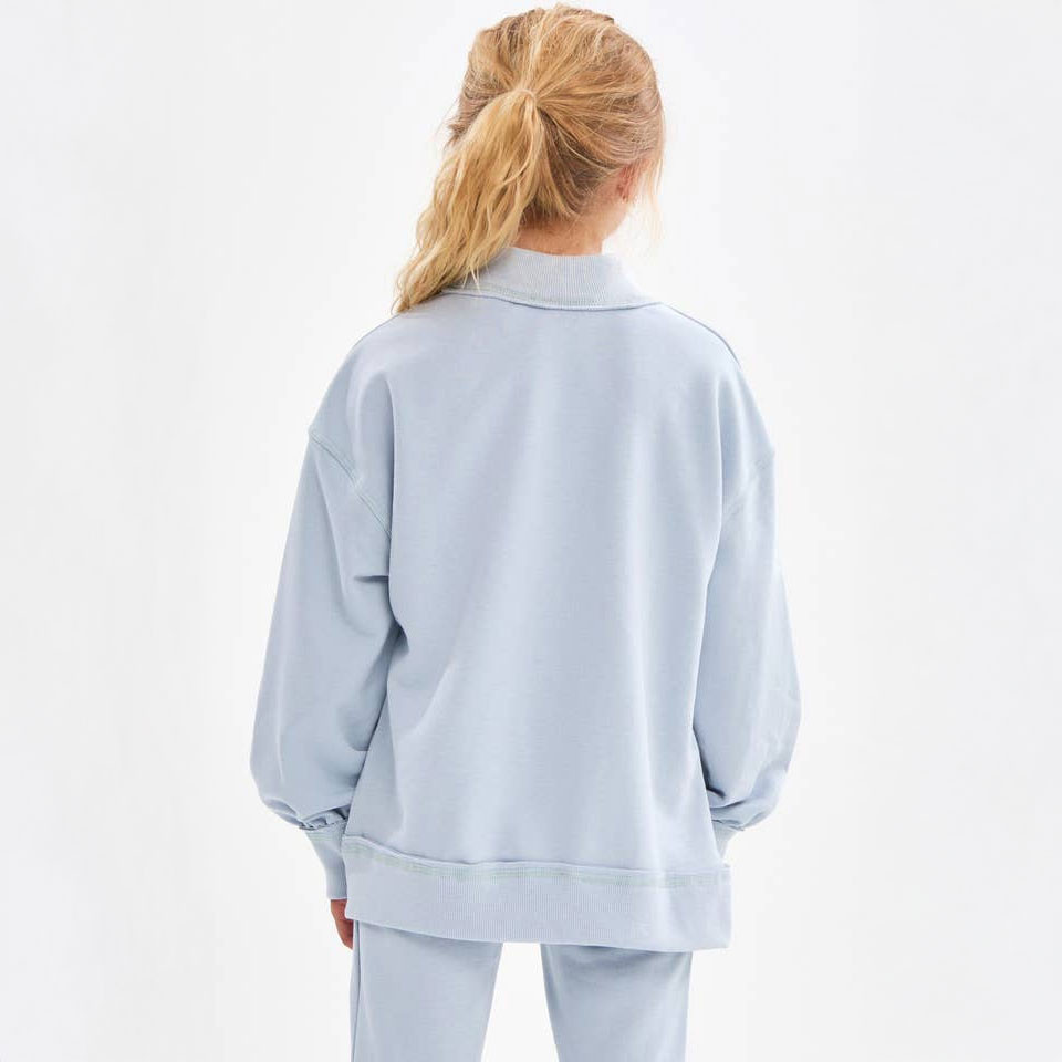 Good Girl Cotton Terry Mock Neck Sweatshirt, image of a light blue oversized sweatshirt with a mock neck design worn by a woman with blonde hair facing away from the camera.