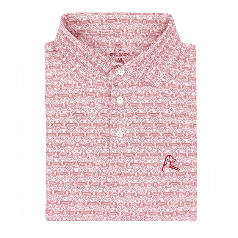 Rhoback Men's Bryant Denny Stadium 2.0 Performance Polo, pink and white patterned men's polo shirt with a small embroidered logo of a football player at the bottom right.