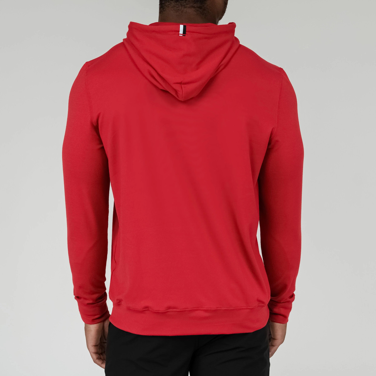 Rhoback Men's Hesi Collegiate Hoodie A, back view of a man wearing a red hoodie with a small striped tag on the collar, against a plain gray background.