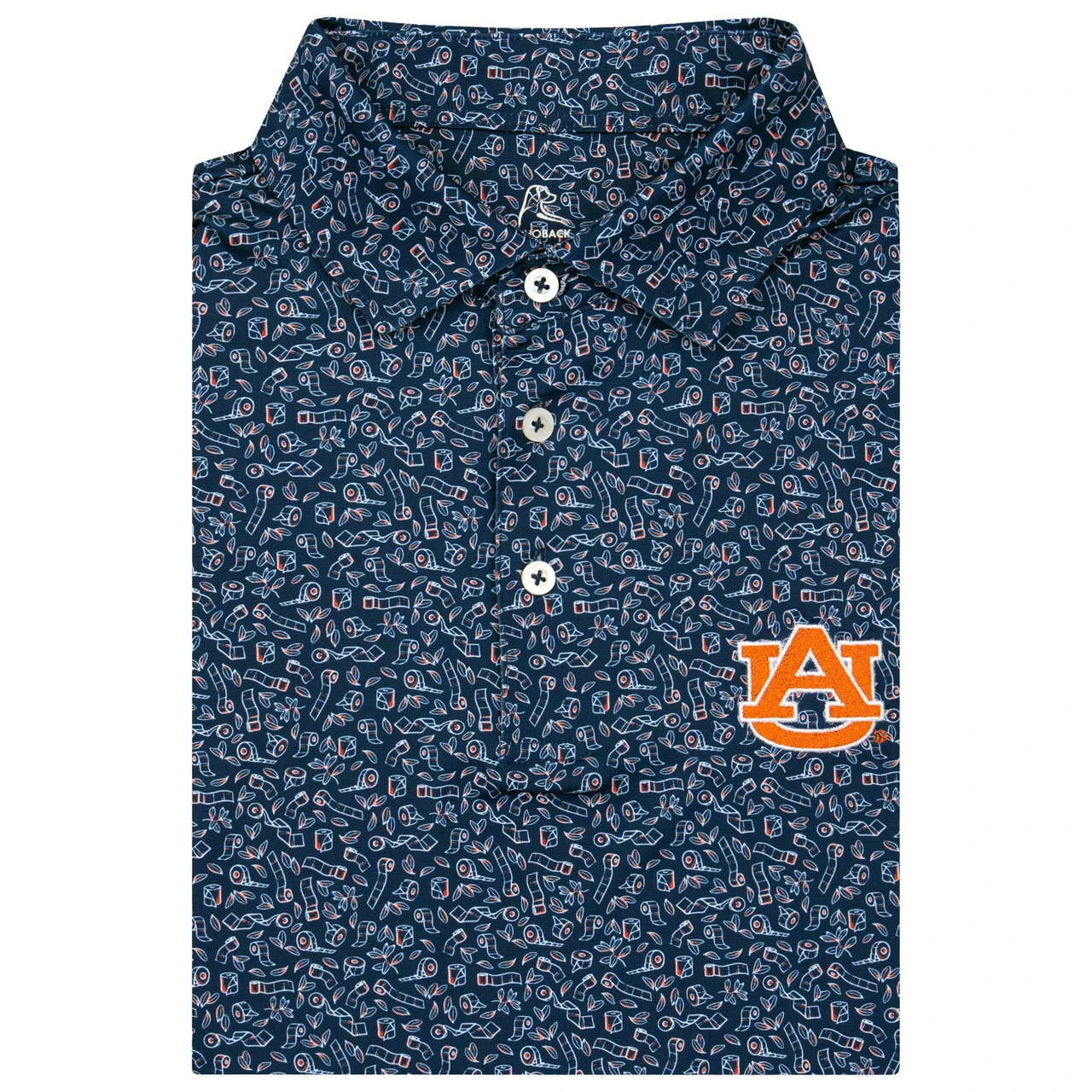 Rhoback Men's Auburn Let's Roll Performance Polo, folded navy performance polo with an allover white and orange football-themed print, three-button placket, and embroidered orange Auburn logo.
