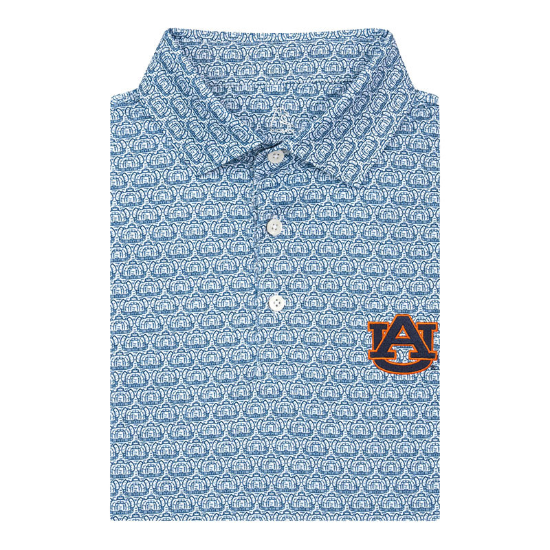 Rhoback Men's Jordan Hare Stadium Performance Polo, blue patterned polo shirt with Auburn University logo.