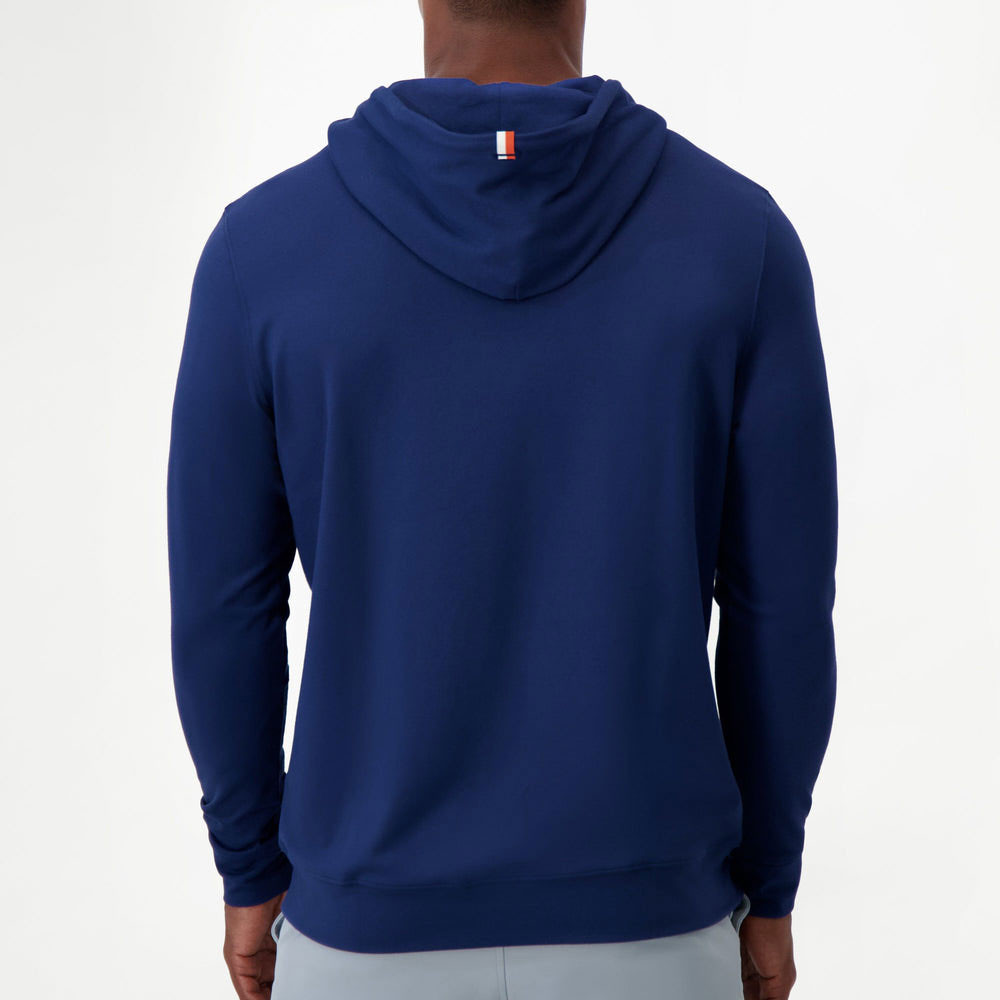 Rhoback Men's Hesi Collegiate AU Logo Hoodie - Auburn, back view of a man wearing a blue hoodie with an AU logo and collegiate design on the back.