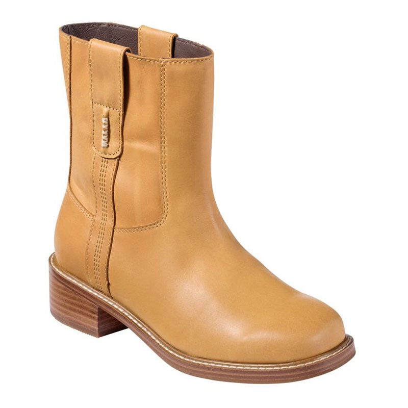 L.L.Bean Women's West End Bootie, tan leather ankle boot with stacked heel and side zipper.