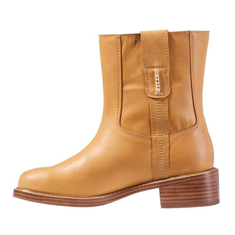 L.L.Bean Women's West End Bootie, tan leather ankle boot with a block heel and side zipper.