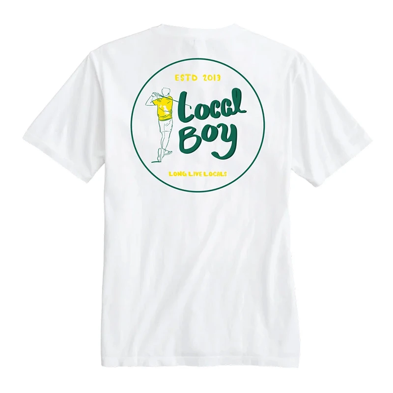 Local Boy Men's Tee Hit Circle SS Tee, white short sleeve t-shirt with a circular graphic design and text in green and yellow.