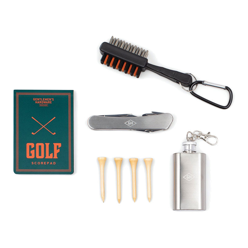 Gentlemen's Hardware Golf Kit, golf accessories set with a scorepad, golf club cleaning brush with carabiner, multi-tool, four wooden tees, and a stainless steel flask
