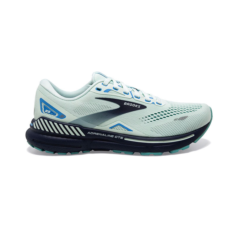 Brooks Running Brooks Women's Adrenaline GTS 23, white and blue athletic running shoe with breathable mesh upper and cushioned sole.