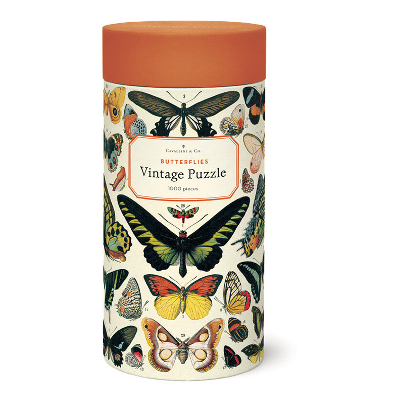 Cavallini Papers & Co Cavallini Papers Co 1000 Piece Puzzle, vintage butterfly design on cylindrical packaging.