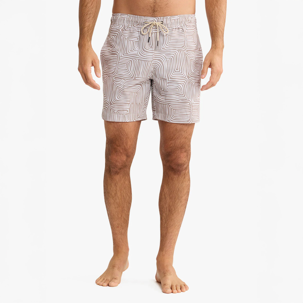Fair Harbor Men's the Bayberry Trunk, stylish men's swim trunks with a unique geometric pattern, beige and white, with a drawstring waist for comfortable fit.