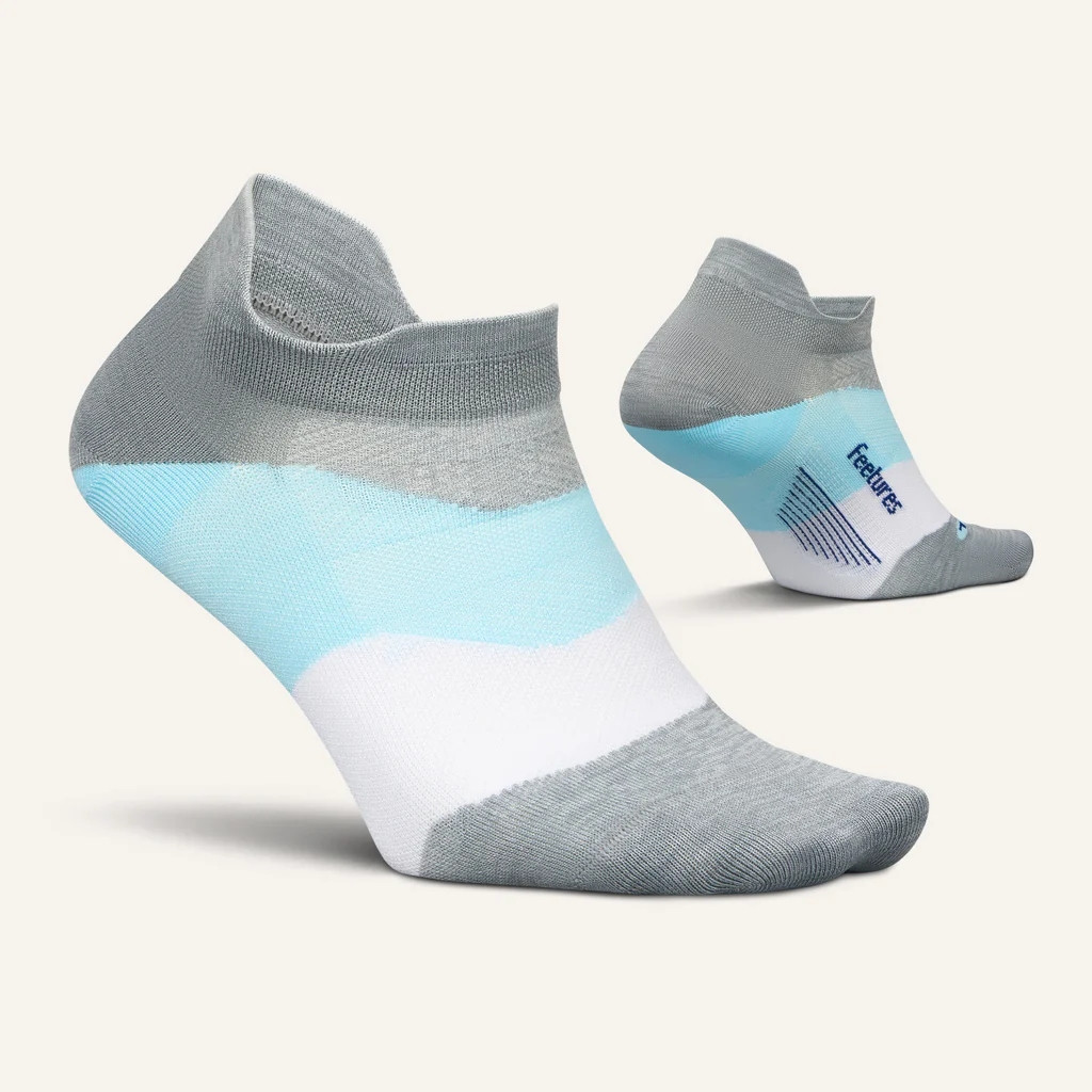Feetures Elite Ultra Light No Show Tab athletic socks, lightweight gray and light blue no-show socks with logo details.