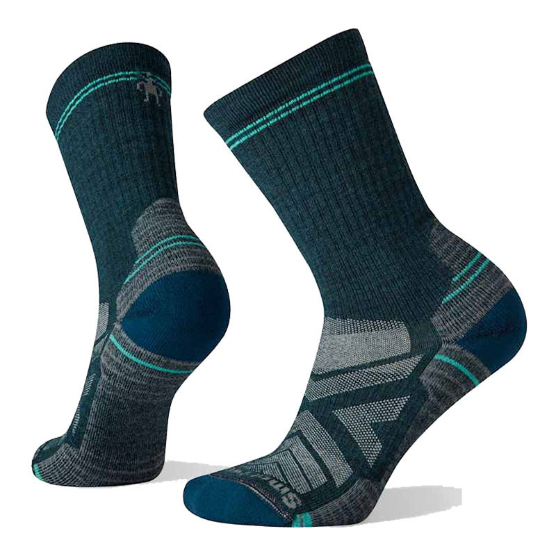 Smartwool Women's Performance Hike Light Cushion Crew, image of supportive and cushioned hiking socks with a dark color and teal accents.