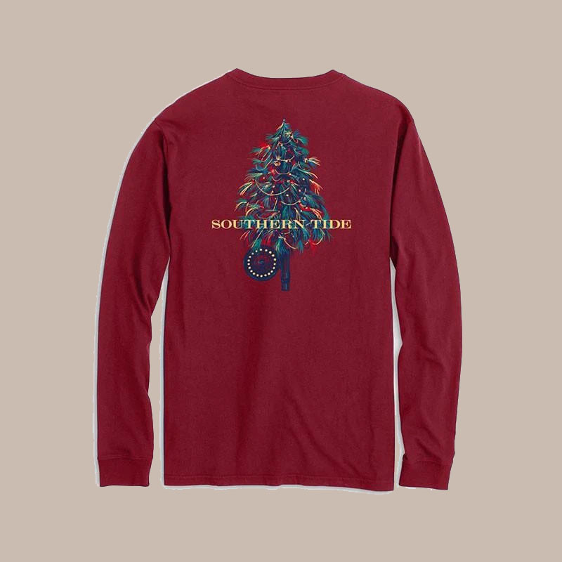 Southern Tide Men's Long Sleeve Fishing Fly Tree Tee, back view of a red long sleeve shirt featuring a colorful Christmas tree design with the text Southern Tide.