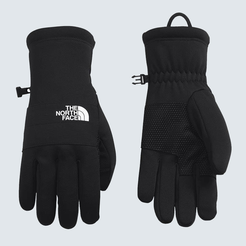 The North Face Men's Sierra Etip Glove, black insulated gloves with touchscreen compatibility and a logo on the backhand.