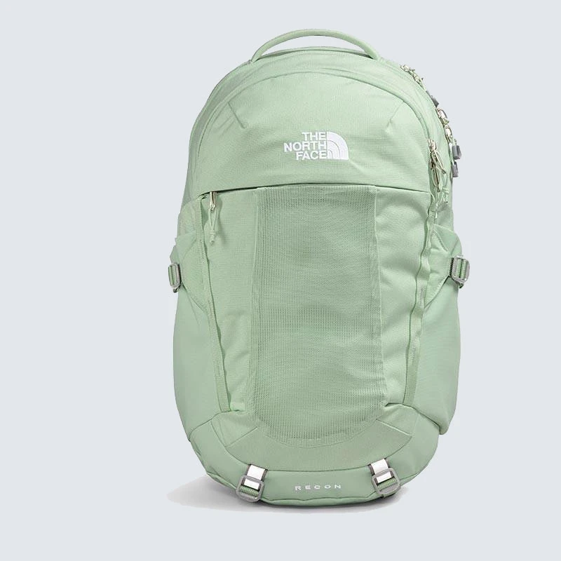 The North Face Women's Recon, light green backpack with multiple compartments and adjustable straps.