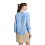 L.L.Bean Women's Linen Splitneck Stripe Shirt, back view of a woman wearing a light blue and white striped linen shirt with a split neckline and rolled-up sleeves.