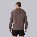 Vuori Men's Strato Tech Hoodie, back view of a man wearing a brown hoodie with a hood, casual fit, made of performance fabric.