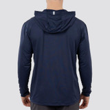 Rhoback Men's Blitz Tech Hoodie, back view of navy blue lightweight athletic hoodie with attached hood and long sleeves.