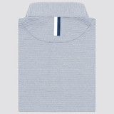Rhoback Men's The Whaler Heather Stripe Performance Polo, front view showing light blue and white striped fabric with a collar and a navy stripe detail at the back.
