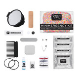 Pinch Provisions Minimergency Kit, collection of beauty and personal care essentials including floss, bandages, nail polish remover, deodorant, stain remover, double-sided tape, hair ties, and accessories in a compact, colorful case.