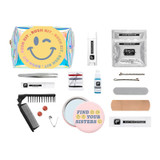 Pinch Provisions Rush Kit, compact travel-sized toiletry and personal care essentials in a holographic pouch with a smiley face sticker.