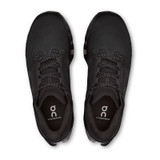 On Running Men's Cloudmonster 3, top view of black athletic running shoes with laces and cushioned sole.