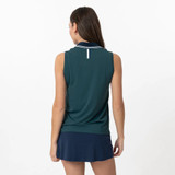 Rhoback Women's Brooke Sleeveless Performance Polo, back view of a woman wearing a sleeveless athletic golf shirt with a collar, in teal and navy blue colors.