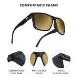 Knockaround Torrey Pines Sunglasses, black matte finish sunglasses with golden tinted lenses and comfortable nose pads.