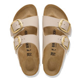 Birkenstock Sandals, Birkenstock Arizona Big Buckle Birko-flor Sandal in beige with gold buckles, open-toe slip-on sandals with adjustable straps.