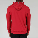 Rhoback Men's Hesi Collegiate Hoodie A, back view of a man wearing a red hoodie with a small striped tag on the collar, against a plain gray background.