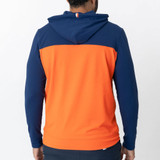 Rhoback Hesi Collegiate Hoodie - Auburn Colorblock, image of the back of the hoodie showing navy blue and orange colorblock design with a hood.
